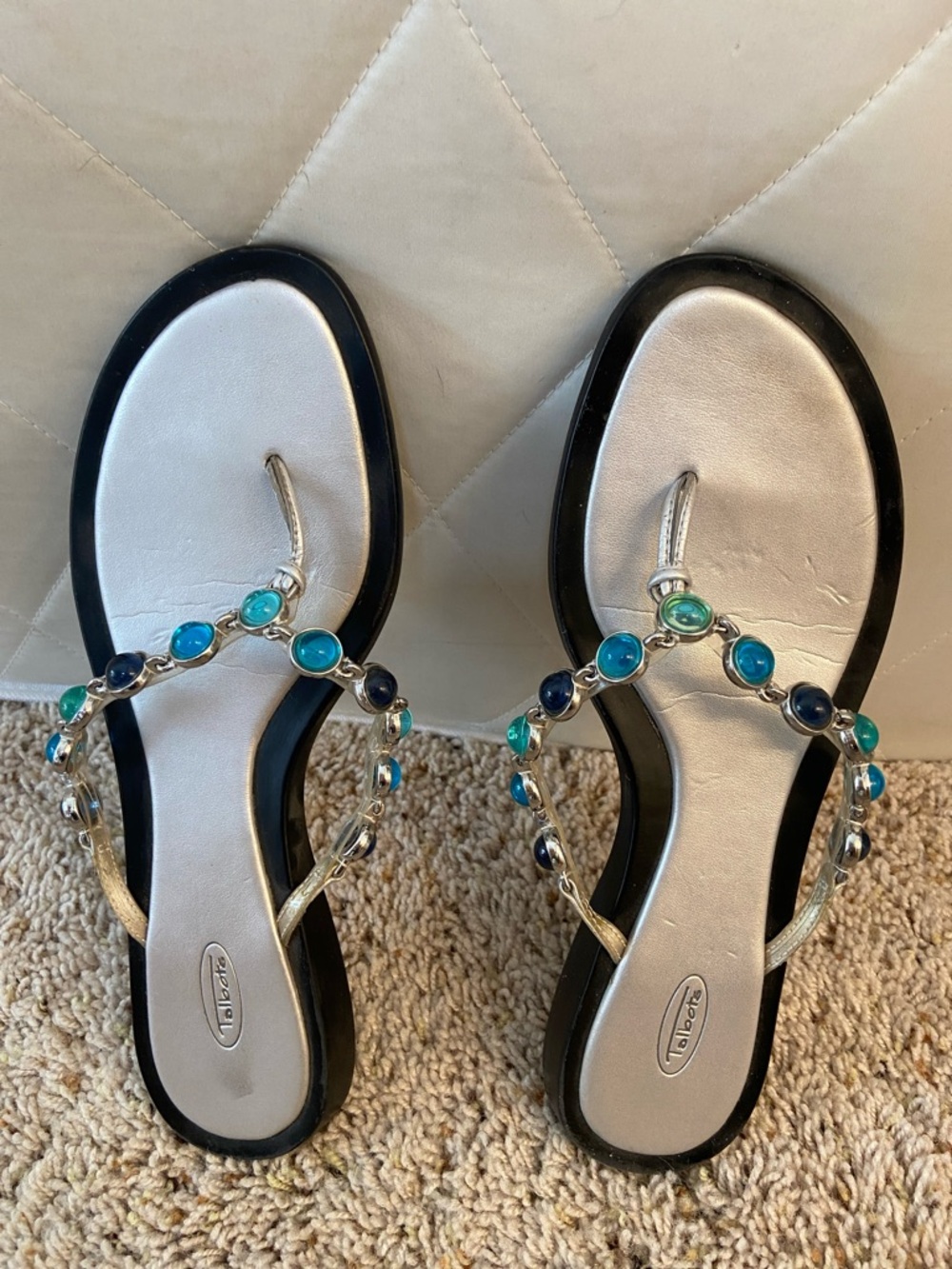 Talbots Silver Thong Sandals with Blue and Teal Gem Accents